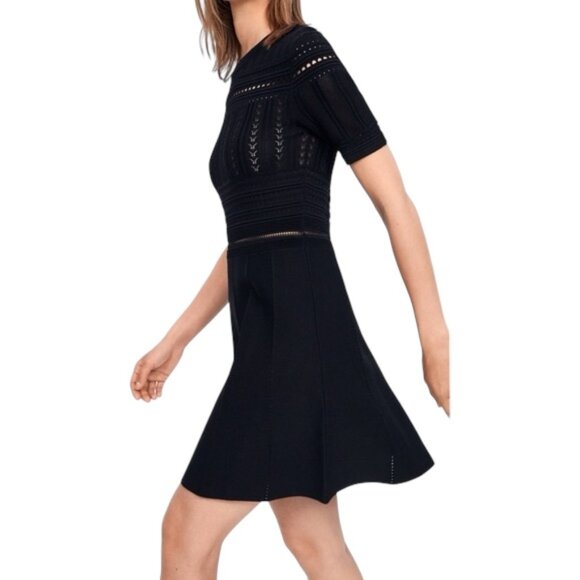 Zara Black Open Knit A-Line Dress Size Medium Cocktail Edgy Dark Academia - Picture 13 of 16